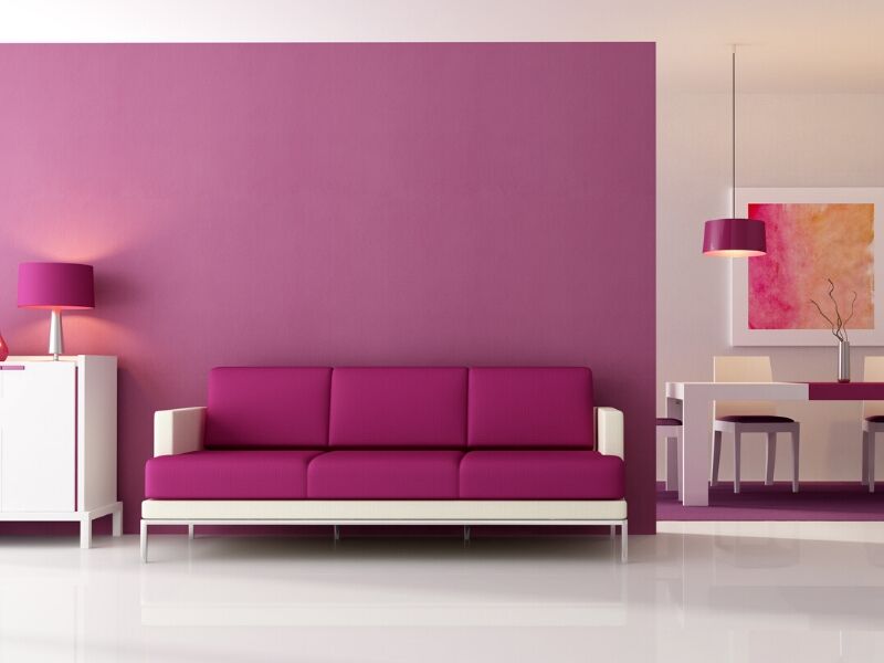 A purple-based living space with lilac walls and furniture
