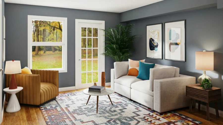 Colourful livingroom with dark grey walls, yellow chair, white couch with teal and orange pillows.