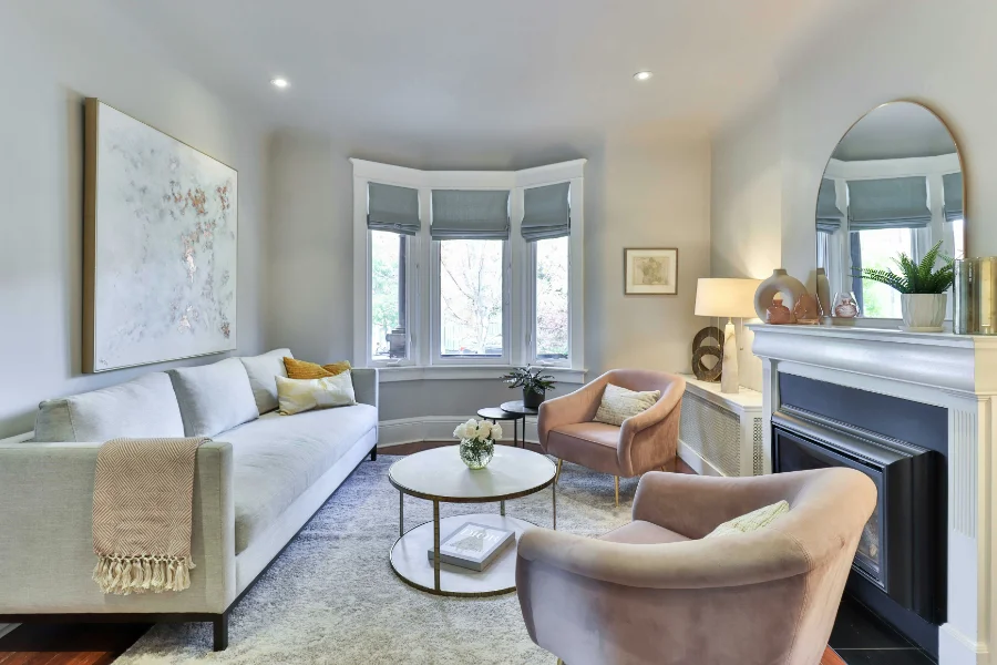 Romantic livingroom setting with rose pink and gold accents