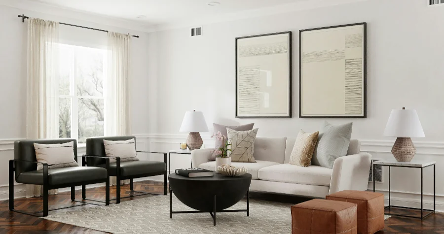 Open and bright livingroom with wood floors, white walls, and minimal accents on the earth toned furniture