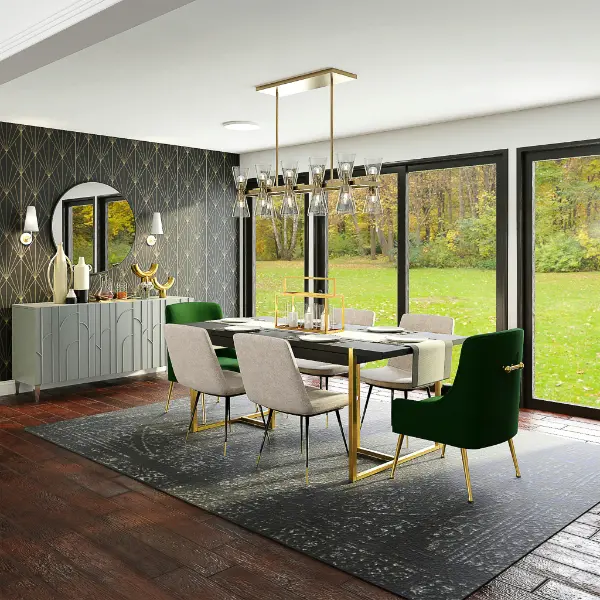 A retro-modern dining room with hardwood floors, emerald green chairs, and gold fixtures. Floor to ceiling windows are in the background.