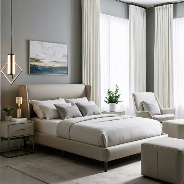 Chromatic grey bedroom design with tall windows and floor to ceiling length curtains.