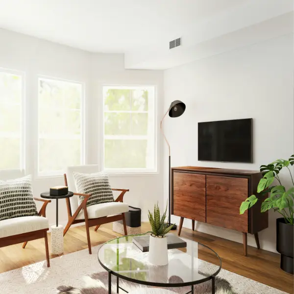 Retro modern living room furniture in a painted white room with two greenery plants.