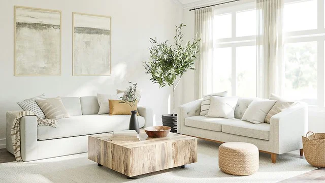 A livingroom filled with light-colored furniture and a large window letting lots of natural light in.