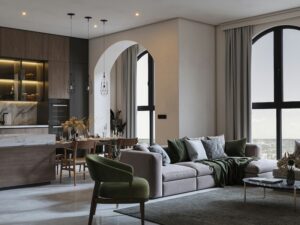 A living room filled with furniture and a large window.