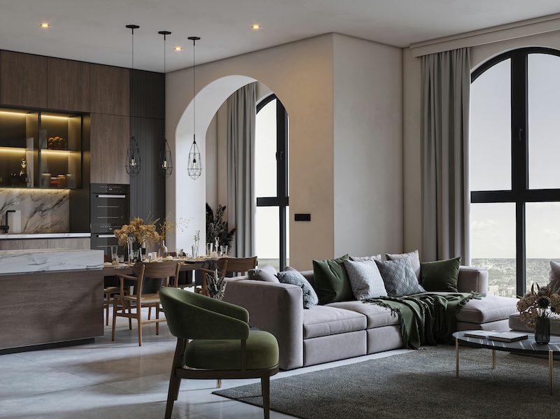 A living room filled with furniture and a large window.